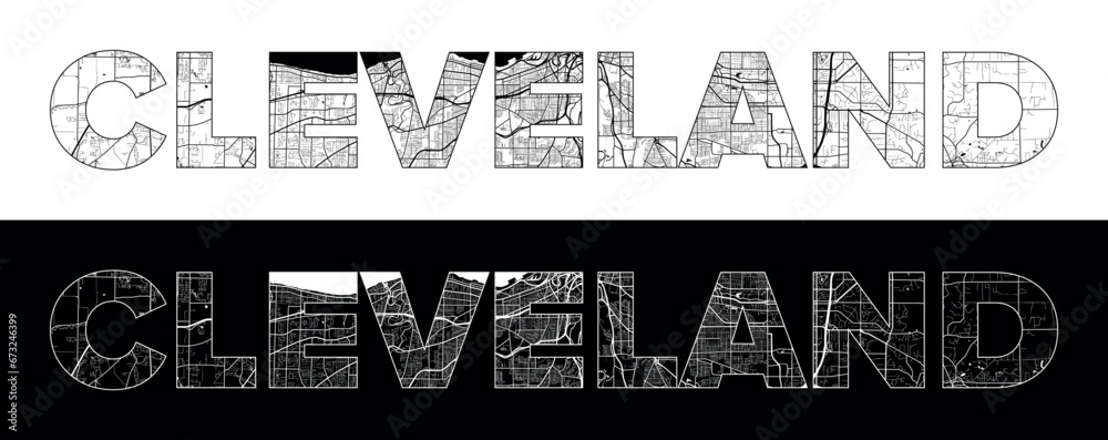 Cleveland City Name (United States, North America) with black white city map illustration vector