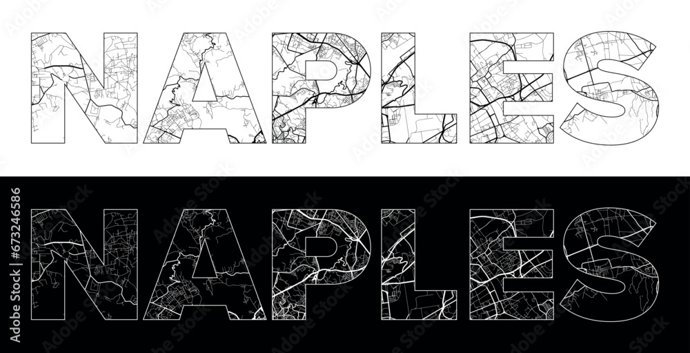 Fototapeta premium Naples City Name (Italy, Europe) with black white city map illustration vector