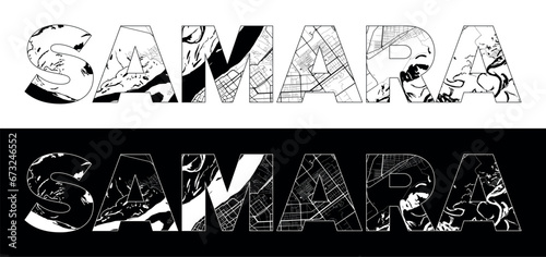 Samara City Name (Russia, Europe) with black white city map illustration vector