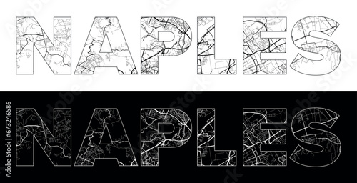 Naples City Name (Italy, Europe) with black white city map illustration vector