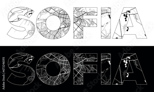 Sofia City Name (Bulgaria, Europe) with black white city map illustration vector