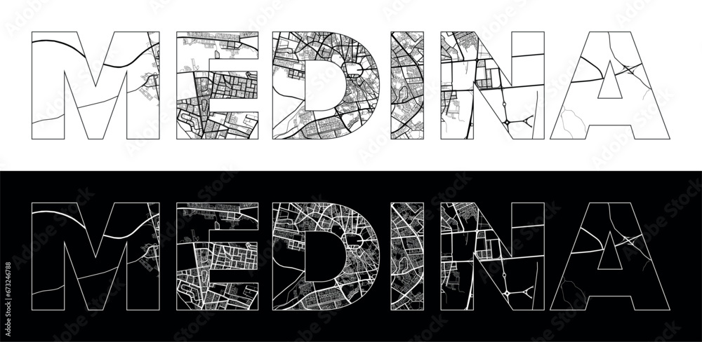 Medina City Name (Saudi Arabia, Asia) with black white city map illustration vector