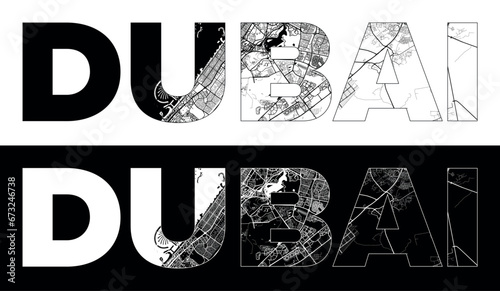 Dubai City Name (United Arab Emirates, Asia) with black white city map illustration vector