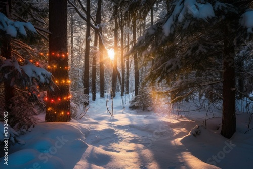 Sunlight filtering through pine trees, casting a glow on the snow. Tree center adorned with colorful lights and shiny ornaments. Serene winter scene. Generative AI