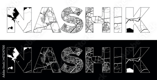 Nashik City Name (India, Asia) with black white city map illustration vector