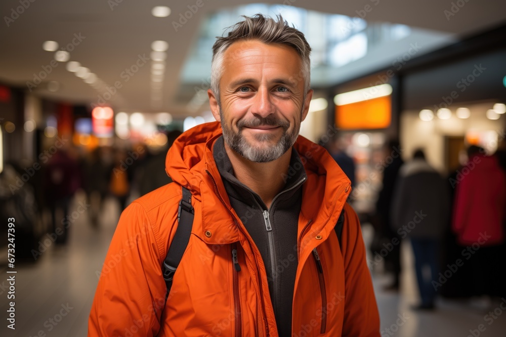 Portrait of middle age mature male in autumn jacket in a shopping center mall. Portrait of middle age mature male in autumn jacket in a shopping center mall.