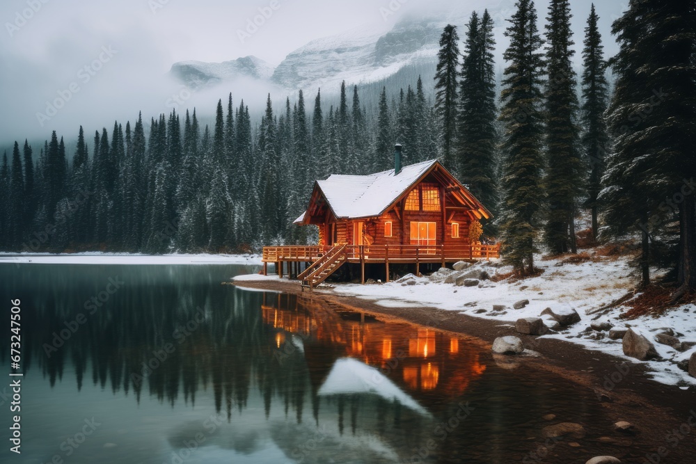 Cozy cabin near the lake during the fall and winter. mountain landscape with snow-capped peaks and beautiful reflections on the water surface