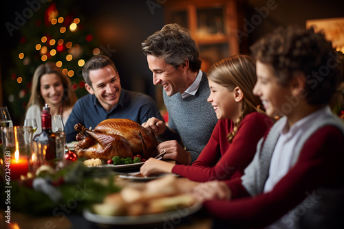 The family convenes at the Christmas table, showcasing a succulent turkey photo