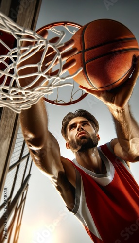 A man throwing a basketball into a net