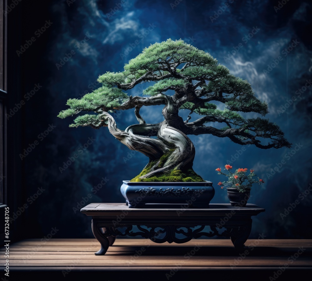 Serene Bonsai Tree Display in Tranquil Interior