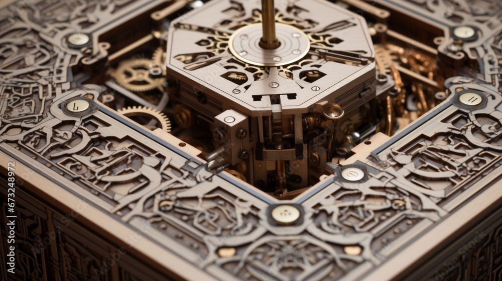 A close-up of a puzzle box, showcasing the challenge of its intricate locking mechanisms, against a pristine white canvas.