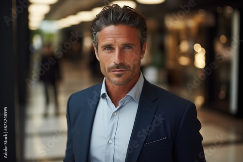 Portrait of elegant middle age mature male in shirt in a shopping center mall.