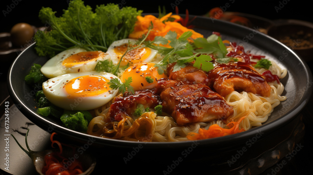 Traditional Classic Barbecued Ramen Dish in Plate on Blurry Background