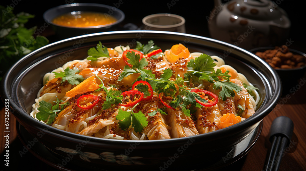 Pickled Fish Fillet in white Porcelain Bowl Golden Soup on Selective Focus Background