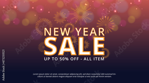 New Year Sale banner with fireworks and sparkles