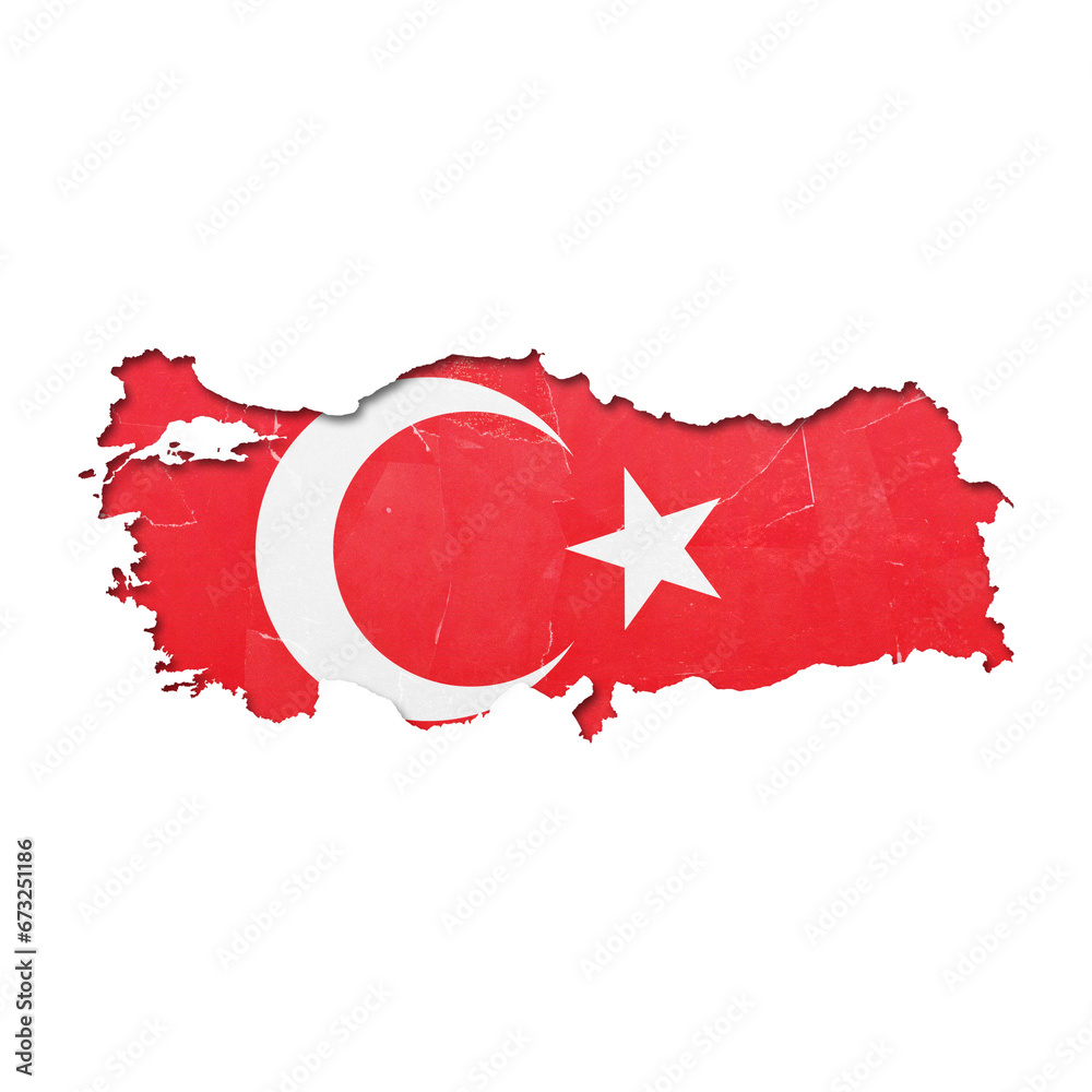 Turkey country map and flag in cutout style with distressed torn paper effect isolated on transparent background