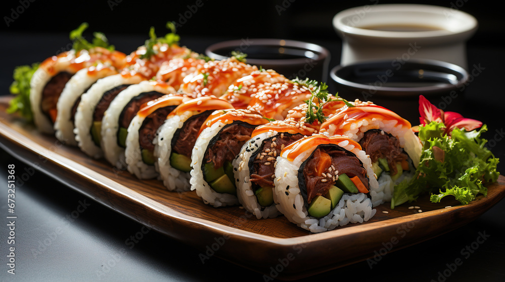 Kimbap - Rice Rolls Filled with Vegetables Meat and Pickled Radish Similar to Sushi Rolls on Blurred Background Kimbap - Rice Rolls Filled with Vegetables Meat and Pickled Radish Similar to Sushi Rolls on Blurred Background