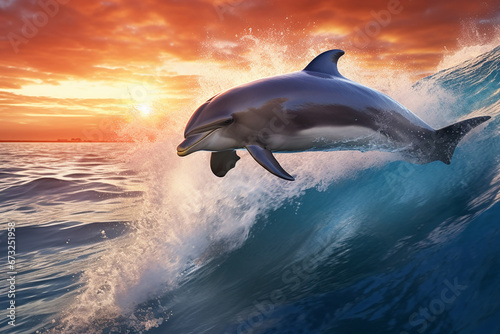 The two playful dolphins are jumping across the waves of the vast ocean at sunset  sunrise  morning. Generative AI.
