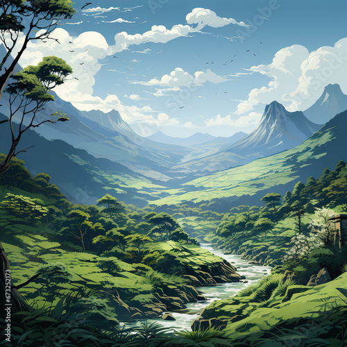 Serene Wilderness: A Journey through the Lush Mountain Valley,landscape of the mountains,mountain landscape with clouds