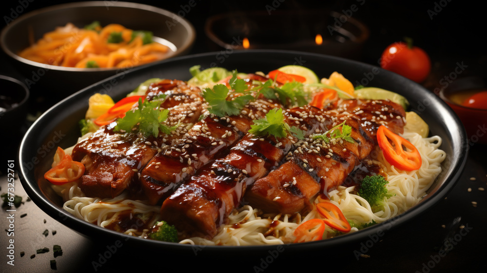 Traditional Classic Barbecued Ramen Dish in Plate on Blurry Background Traditional Classic Barbecued Ramen Dish in Plate on Blurry Background