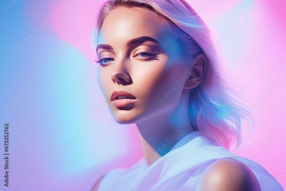beautiful blonde woman with colorful lights beautiful blonde woman with colorful lights portrait of beautiful blonde woman with colorful makeup