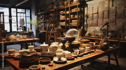 A pop-up shop specializing in artisanal teas and tisanes, bamboo steamers wafting subtle aromas. photo