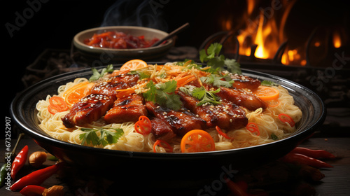 Traditional Classic Barbecued Ramen Dish in Plate on Blurry Background