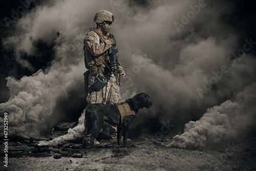 Special forces and military soldiers with dogs between smoke and gas in battlefield photo