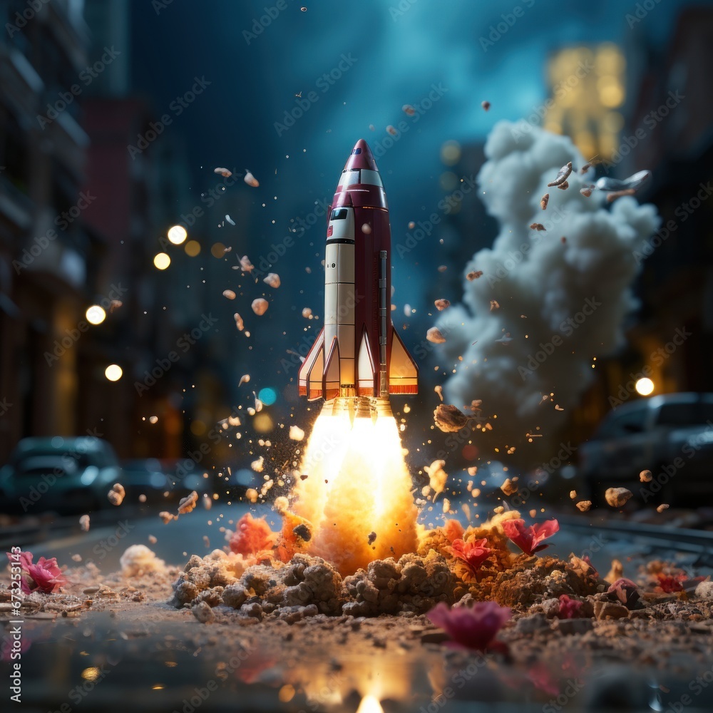 A mini rocket taking off outdoors emitting thick smoke is good for technology, business, backgrounds, wallpapers, blogs, advertising, decoration etc. Generative Ai Image