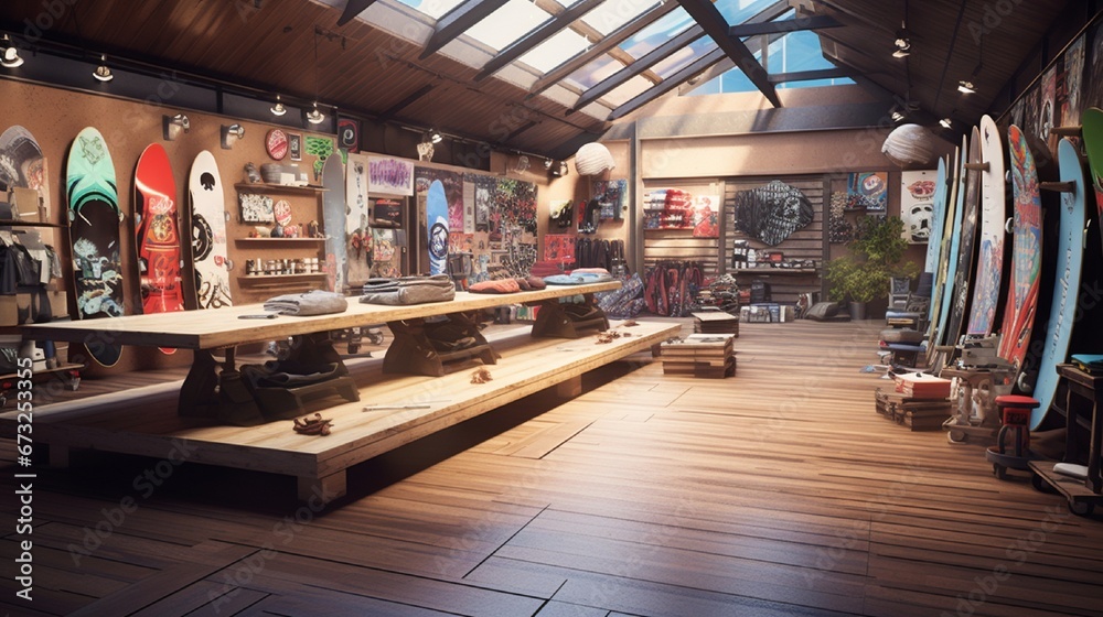 A skateboard shop replete with a range of deck designs and associated gear, emanating an air of youthful energy.