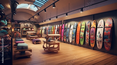 A skateboard shop replete with a range of deck designs and associated gear, emanating an air of youthful energy.