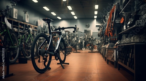 A stationary bike store, bikes aligned as if participating in an unseen race. photo