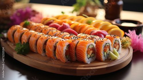 Various Kinds of Sushi Served on Table in Restaurant Blurred Background