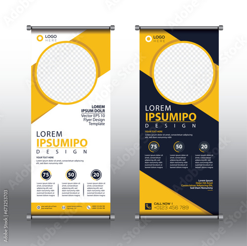 Corporate rollup banner template, rollup, advertisement, pull up, polygon background, vector illustration, business flyer, display, x-banner and flag-banner with blue, red, yellow color