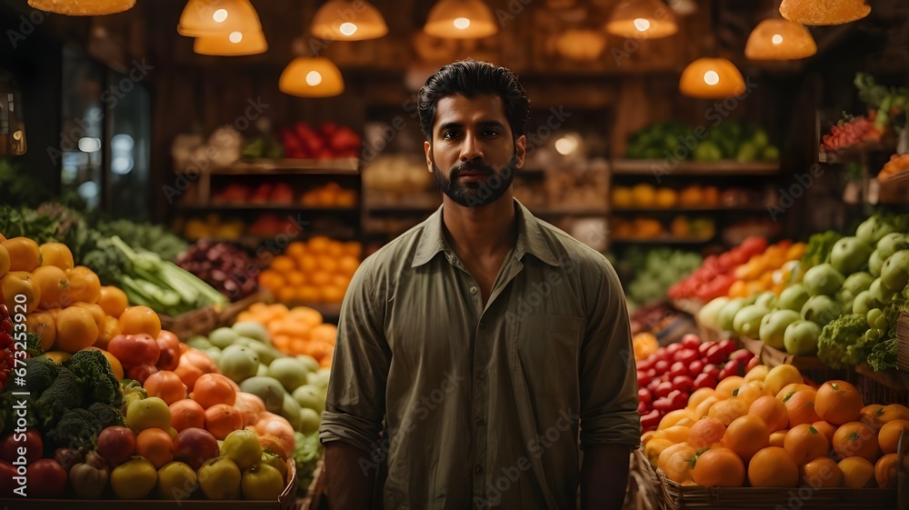 A indian shop owner with fruit shop in a supermarket. Ai ganerated image - obrazy, fototapety, plakaty 