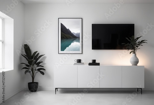 modern living interior with blank wall  mockup for your design. 3d rendering.modern living interior with blank wall  mockup for your design. 3d rendering.white interior with a modern poster