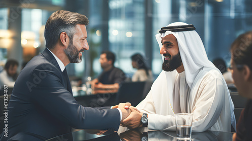 Arab investor and businessman shaking hands after an agreement and successful negotiation.