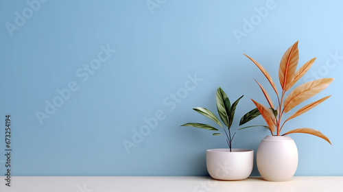 Mockup light blue wall with plants in vases