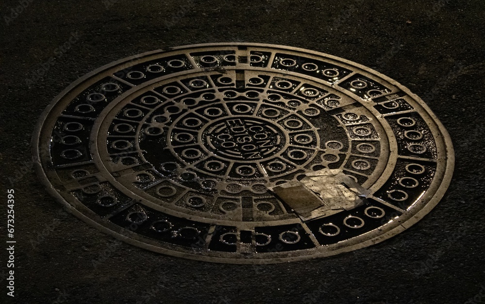a manhole cover with a circular pattern and an intricate motif