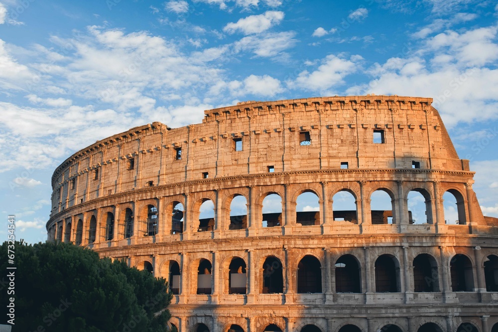 Scenic view of the Roman Colosseum in Rome, Italy at golden hour