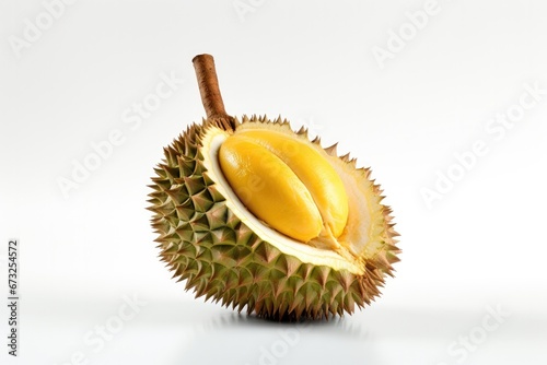 Detailed texture of durian skin and yellow pulp against white backdrop. Focus on details and textures.