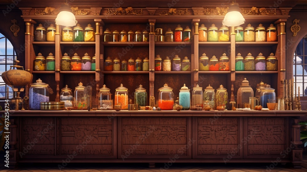 The interior of a tea shop, wooden shelves filled with ornate canisters containing an array of exotic blends.
