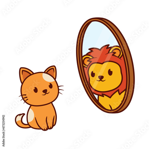 illustration design of a cat looking in the mirror with the shadow of a lion