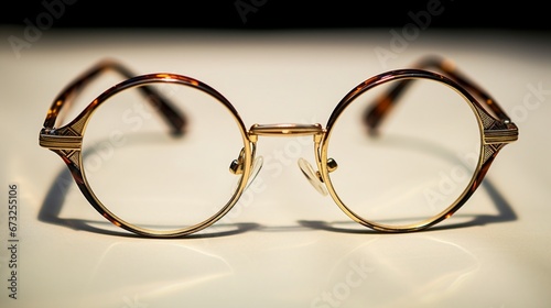 A close-up of round vintage spectacles, the intricacies of the frame emphasized, resting gracefully on a crisp white surface.