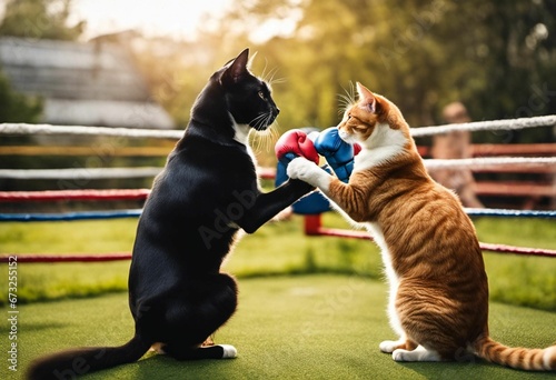 Stampa su tela two cats with boxing gloves, one has his paw on the other