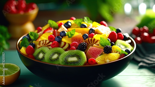 A Vibrant Salad Bowl Filled with a Mix of Sliced Kiwis Leafy Greens and Other Colorful Fruits Selective Focus Background