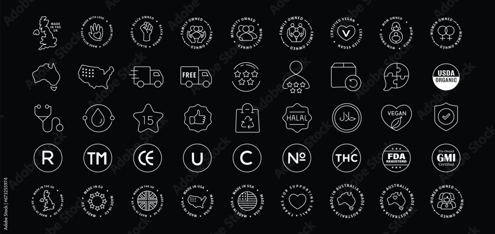 Origin and Regulatory Icons. Includes Made in USA, UK, EU, Australia symbols, and regulatory compliance icons for global standards and transparency. Origin and Regulatory Icons. Includes Made in USA, UK, EU, Australia symbols, and regulatory compliance icons for global standards and transparency.
