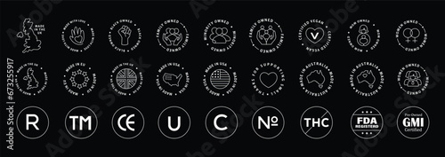 Origin and Regulatory Icons. Includes Made in USA, UK, EU, Australia symbols, and regulatory compliance icons for global standards and transparency