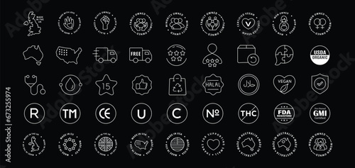 Origin and Regulatory Icons. Includes Made in USA, UK, EU, Australia symbols, and regulatory compliance icons for global standards and transparency.