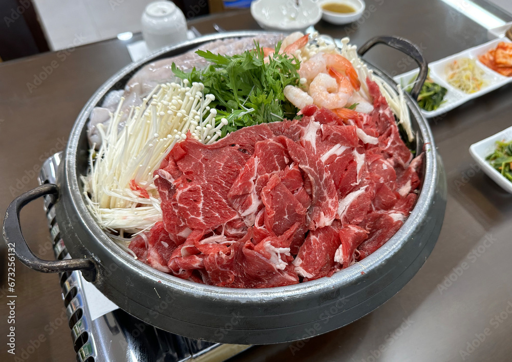 Korean food - Stir-fried Octopus, Beef and Mushroom Hot Pot